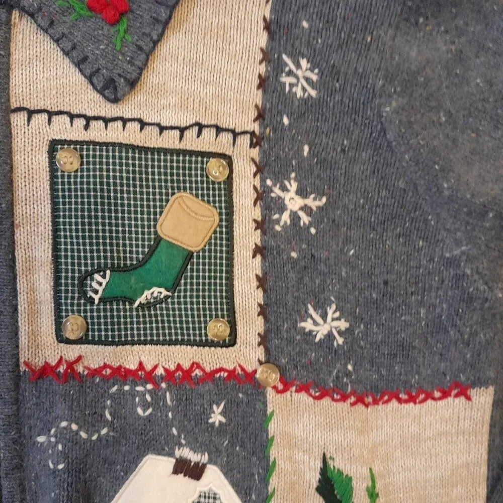 Vintage Womens Embroidered Patchwork Holiday 3D Christmas Zip Size XL Cardigan